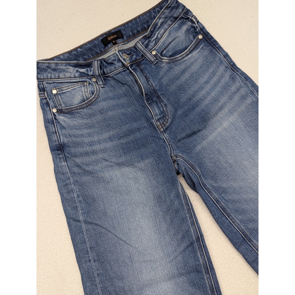Quince Bella Stretch Relaxed wide leg Jeans baggy Blue Raw Hem womens 27